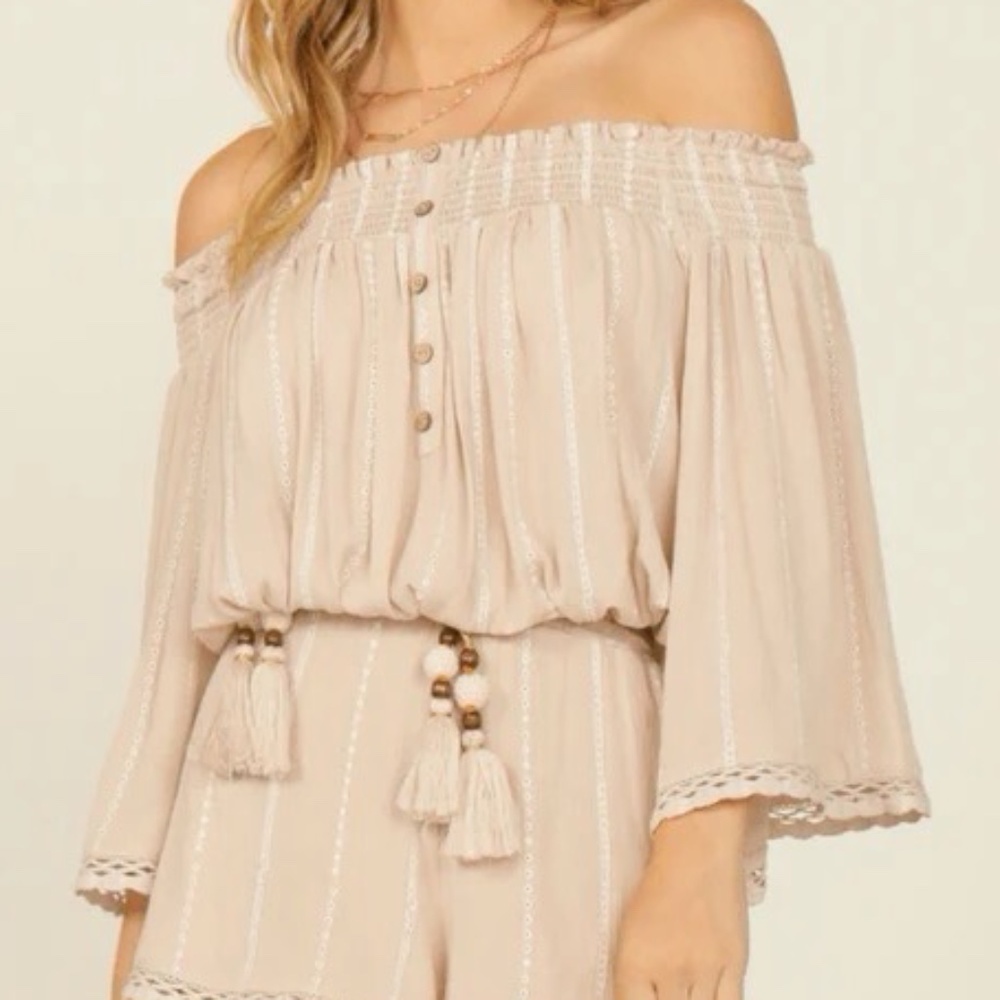NWT Surf Gypsy tassels embroidered crinkle off the shoulder crop top